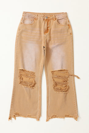 Brown Distressed Hollow-out High Waist Cropped Flare Jeans - ElectronX Plus