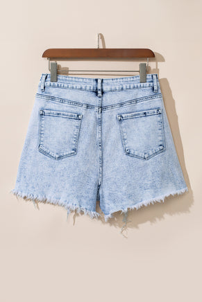 Light Blue Acid Wash Crossed Raw Edge Denim Shorts - ElectronX Plus