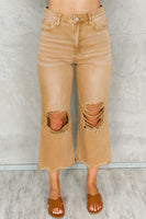 Brown Distressed Hollow-out High Waist Cropped Flare Jeans - ElectronX Plus