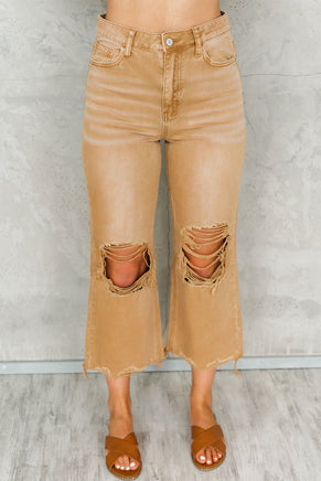 Brown Distressed Hollow-out High Waist Cropped Flare Jeans - ElectronX Plus