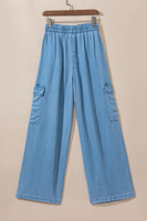 Sky Blue Drawstring High Waist Cargo Pocket Wide Leg Jeans - ElectronX Plus