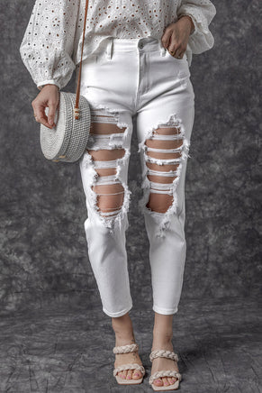 White Distressed Ripped Holes High Waist Skinny Jeans - ElectronX Plus