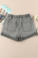 Gray Pocketed Drawstring High Waist Denim Shorts - ElectronX Plus