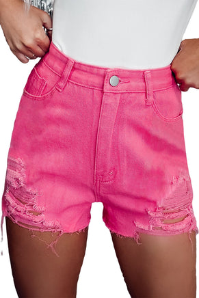 Rose Distressed Slim Fit High Waist Denim Shorts - ElectronX Plus