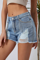 Sky Blue Rhinestone Tassel Distressed Denim Shorts - ElectronX Plus