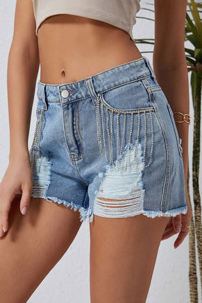 Sky Blue Rhinestone Tassel Distressed Denim Shorts - ElectronX Plus