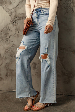 Sky Blue Distressed Frayed Hem Holed Straight Leg Loose Jeans - ElectronX Plus