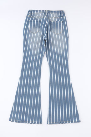 Sky Blue Vertical Striped Ripped Flare Jeans - ElectronX Plus