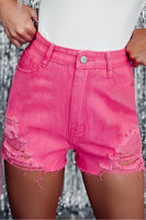 Rose Distressed Slim Fit High Waist Denim Shorts - ElectronX Plus