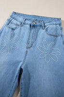 Light Blue Floral Rhinestone Decor High Rise Wide Leg Jeans - ElectronX Plus