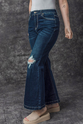 Real Teal High Rise Ripped Bell Bottom Jeans - ElectronX Plus