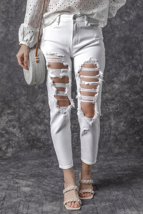 White Distressed Ripped Holes High Waist Skinny Jeans - ElectronX Plus