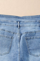 Dusk Blue Button Fly High Waist Roll Edge Denim Shorts - ElectronX Plus