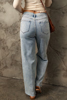 Sky Blue Distressed Frayed Hem Holed Straight Leg Loose Jeans - ElectronX Plus