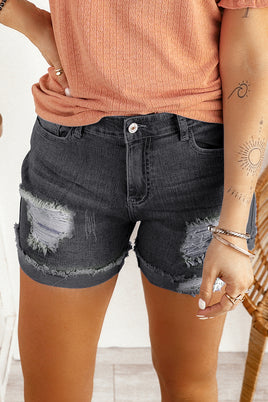 Distressed Ripped Rolled Hem Black Denim Shorts - ElectronX Plus