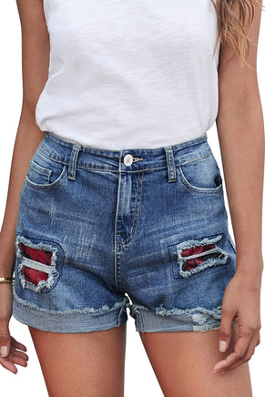 Plaid Patchwork Rolled Hem Denim Shorts - ElectronX Plus