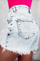 Light Blue Acid Wash Crossed Raw Edge Denim Shorts - ElectronX Plus