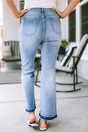 Sky Blue High Waist Buttoned Distressed Flared Jeans - ElectronX Plus