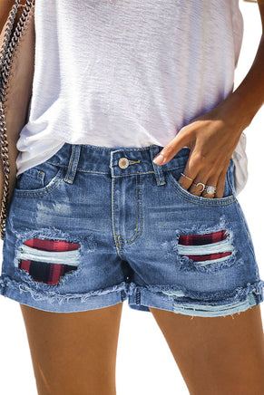 Plaid Patchwork Rolled Hem Denim Shorts - ElectronX Plus