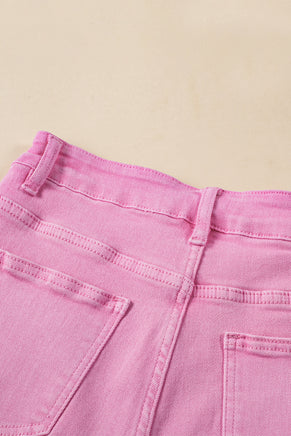 Pink Frayed Edge Mid Rise Denim Shorts - ElectronX Plus