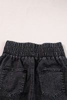 Black Smocked High Waist Mineral Washed Jean Shorts - ElectronX Plus