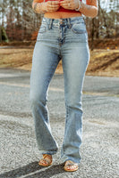 Sky Blue Subtle Ripped Detail Flare Bottom Jeans - ElectronX Plus