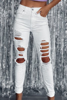 White Distressed Ripped Holes High Waist Skinny Jeans - ElectronX Plus