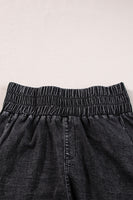 Black Smocked High Waist Mineral Washed Jean Shorts - ElectronX Plus