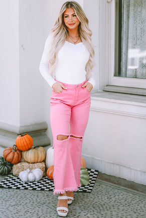 Pink Vintage High Waist Flare Leg Ripped Raw Hem Jeans - ElectronX Plus