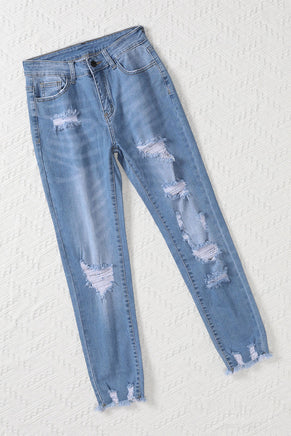 Light Blue Distressed Boyfriend Denim Pants - ElectronX Plus