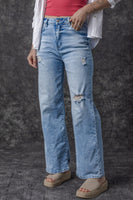 Light Blue High Rise Distressed Straight Leg Jeans - ElectronX Plus