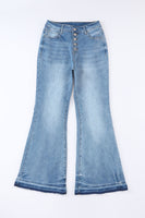 Sky Blue High Waist Buttoned Distressed Flared Jeans - ElectronX Plus