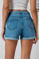 Sky Blue Dandelion Embroidered Ripped Denim Shorts - ElectronX Plus