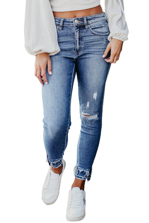 Light Blue Distressed Frayed Ankle Skinny Jeans - ElectronX Plus