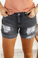 Distressed Ripped Rolled Hem Black Denim Shorts - ElectronX Plus