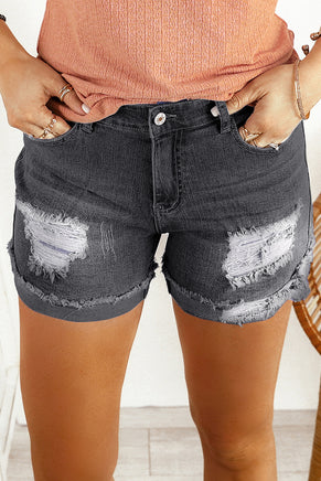 Distressed Ripped Rolled Hem Black Denim Shorts - ElectronX Plus