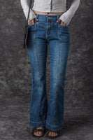 Blue High Waist Seam Stitching Pocket Flare Jeans - ElectronX Plus