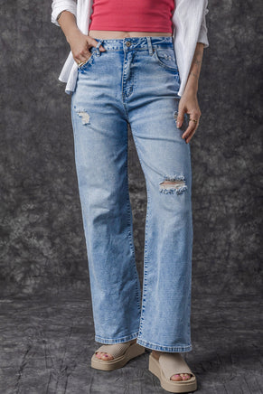 Light Blue High Rise Distressed Straight Leg Jeans - ElectronX Plus