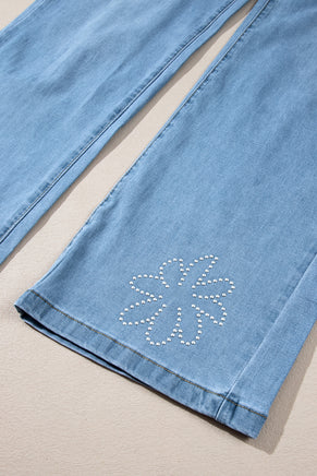 Light Blue Floral Rhinestone Decor High Rise Wide Leg Jeans - ElectronX Plus