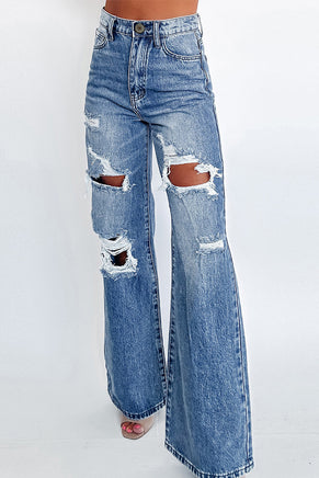 Ashleigh Blue Acid Wash Distressed Wide Leg High Waist Jeans - ElectronX Plus