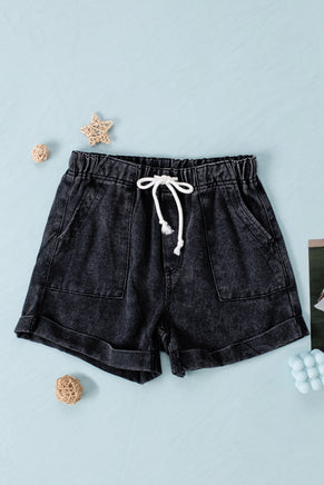 Black Pocketed Drawstring High Waist Denim Shorts - ElectronX Plus