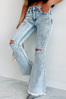 Sky Blue Distressed Acid Wash Flare Jeans - ElectronX Plus