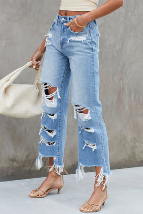 Sky Blue Heavy Destroyed High Waist Jeans - ElectronX Plus