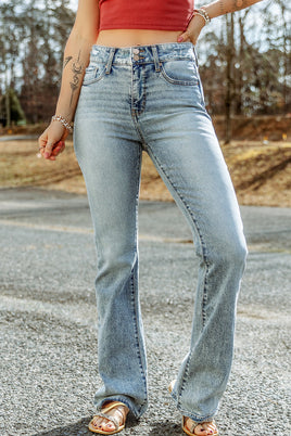 Sky Blue Subtle Ripped Detail Flare Bottom Jeans - ElectronX Plus