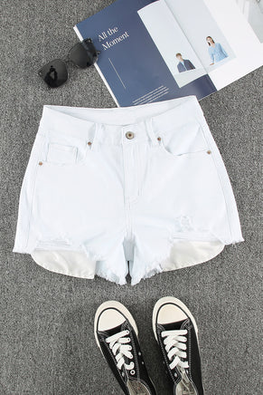 White Distressed Frayed Denim Shorts - ElectronX Plus