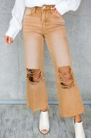 Brown Distressed Hollow-out High Waist Cropped Flare Jeans - ElectronX Plus