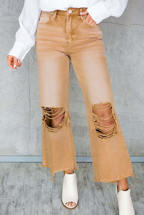 Brown Distressed Hollow-out High Waist Cropped Flare Jeans - ElectronX Plus