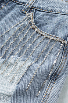 Sky Blue Rhinestone Tassel Distressed Denim Shorts - ElectronX Plus