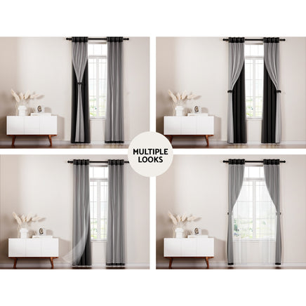 Artiss 2X 132x160cm Blockout Sheer Curtains Black - ElectronX Plus