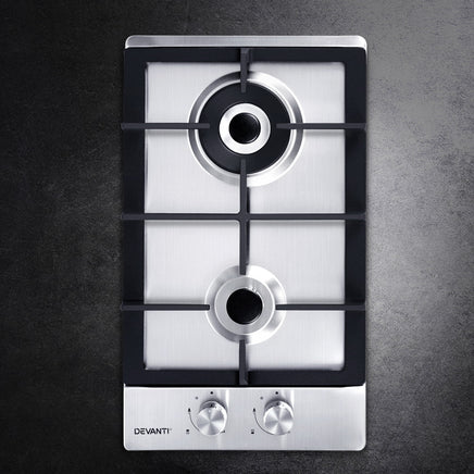 Devanti Gas Cooktop 30cm 2 Burner Silvir - ElectronX Plus